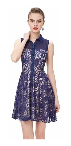 Vestido Encaje Forrado Ep 45c Azul Acero 6