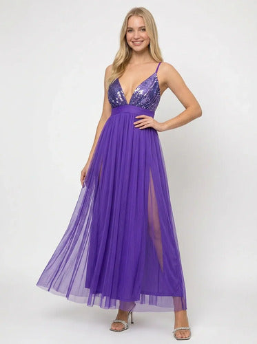 Vestido largo multicolor tul y lentejuelas evasé