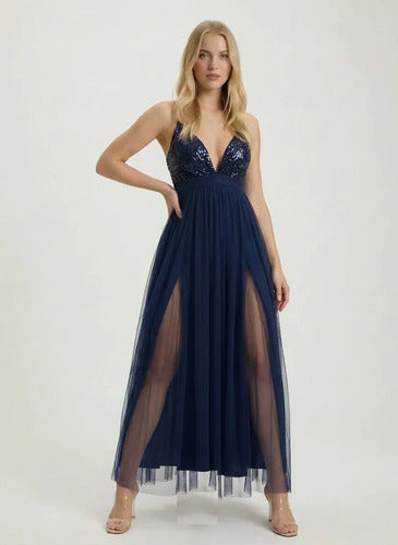 Vestido largo multicolor tul y lentejuelas evasé