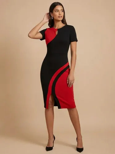 Vestido midi bodycon blanco y negro cuello redondo