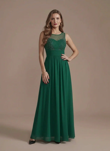 Vestido largo de fiesta verde evasé en gasa