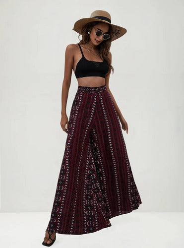 Pantalón Mujer Pierna Ancha Estampado Pt 12 Burdeo Xs
