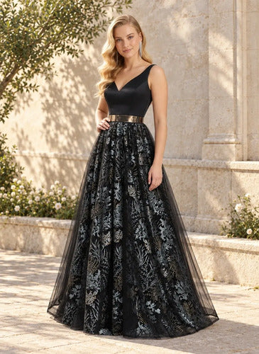 Vestido largo de fiesta escote V negro