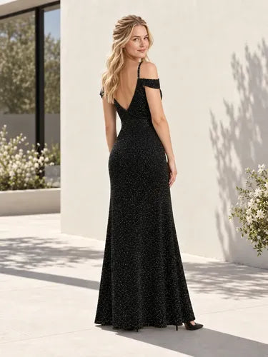 Vestido largo de fiesta terciopelo negro hombros caídos