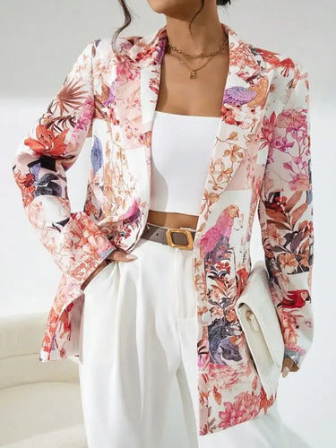 Blazer Forrado Estampado Floral Cuello Esmoquin Botones Bb 19 Rosa M