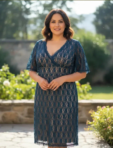 Vestido De Encaje Talla Grande Modelo Azulino 3xl
