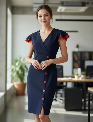Vestido Formal Azul Marino Oficina Modelo Va 336 Azul L