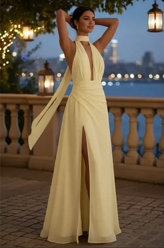 Vestido largo corte princesa escote V