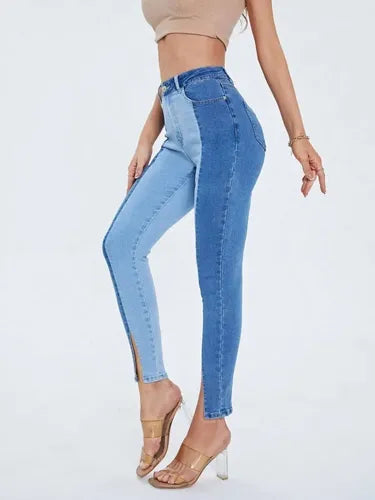 Jeans Mujer Bicolor Pitillo Elasticado Tiro Alto Js 01  Azul S