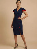 Vestido midi azul marino oficina corte tubo manga corta