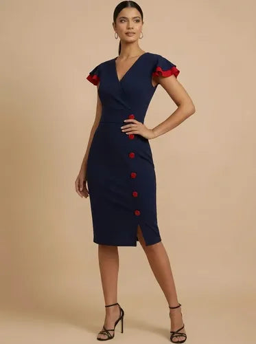 Vestido midi azul marino oficina corte tubo manga corta