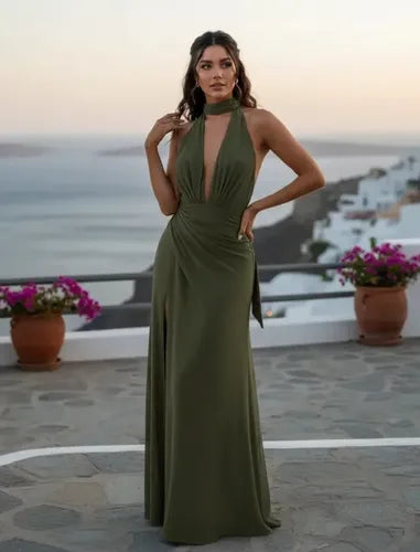 Vestido largo corte princesa escote V