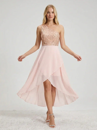 Vestido midi dorado y rosa lentejuelas strapless cóctel