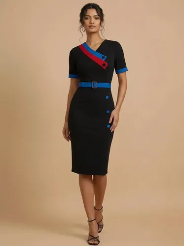 Vestido corto azul semiformal con escote V