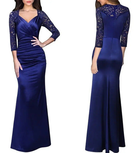 Vestido Fiesta Largo Azul Satinado  Va 405