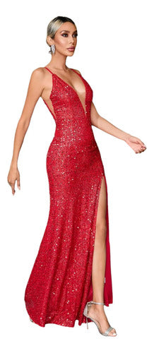 Vestido Fiesta Largo Mujer Escote V Lentejuelas Vl 74
