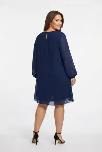 Vestido midi azul y negro túnica gasa manga larga