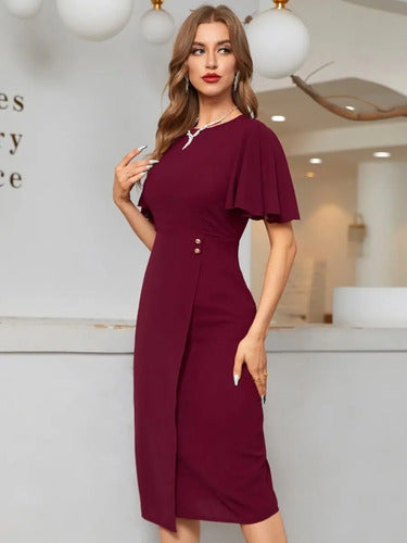 Vestido Gasa Largo Ajustado Cuello Redondo Va 498 Rojo M