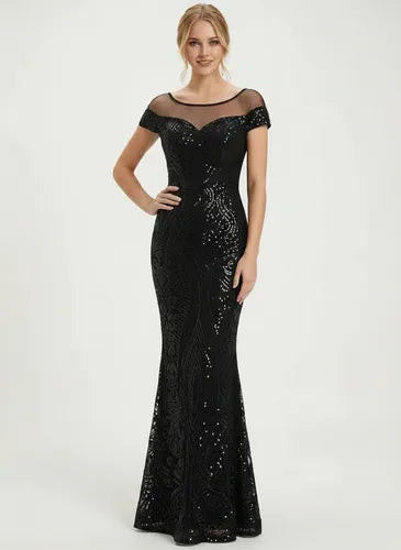 Vestido largo de fiesta negro corte sirena con lentejuelas