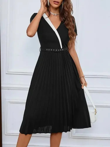 Vestido Plisado Fiesta Manga Corta Cintura Alta