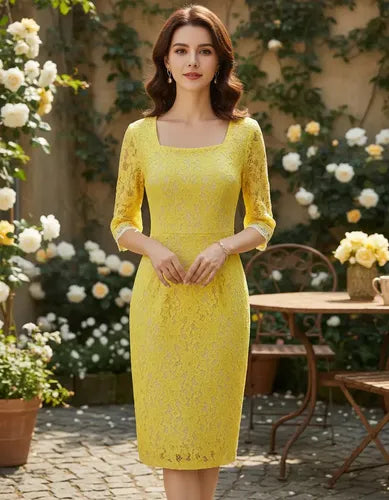 Vestido Encaje Manga 3/4 Amarillo Ve 23