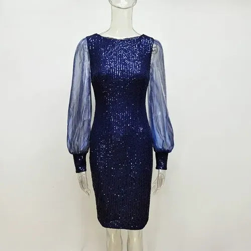 Vestido Fiesta Lentejuelas Azul Manga Larga Vl 30