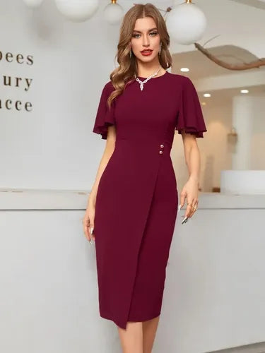 Vestido Gasa Largo Ajustado Cuello Redondo Va 498 Rojo M