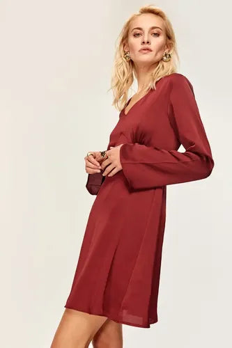 Vestido Fiesta Burdeo Coctel Manga Larga  Td 15 Rojo 40