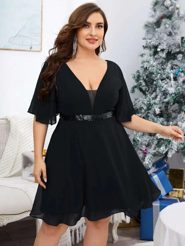 Vestido Fiesta Gasa Lentejuela Talla Grande Escote Vg 93
