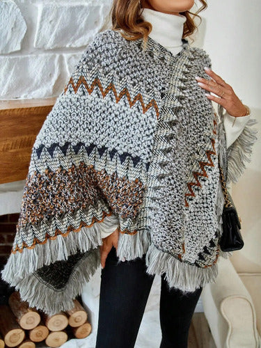 Poncho Tejido Chal De Punto Tapado Mujer