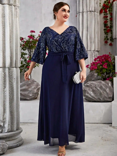 Vestido Fiesta Largo Matrimonio Bordado Talla Grande  Ep 435 Azul L