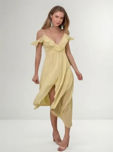 Vestido Amarillo Escotado Maxi Bohemia Asimétrico Gasa Vd 85