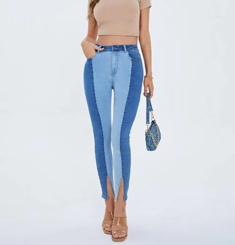 Jeans Mujer Bicolor Pitillo Elasticado Tiro Alto Js 01  Azul S