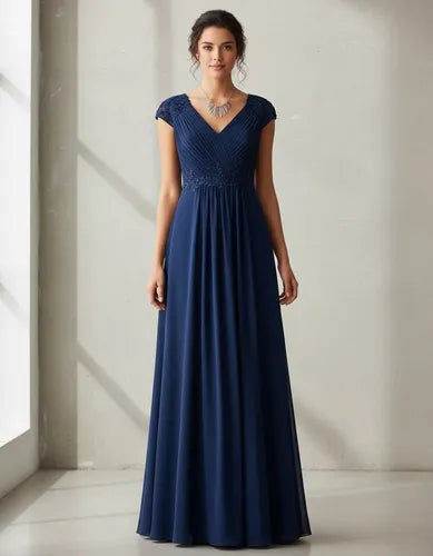 Vestido largo azul de gasa escote V corte princesa