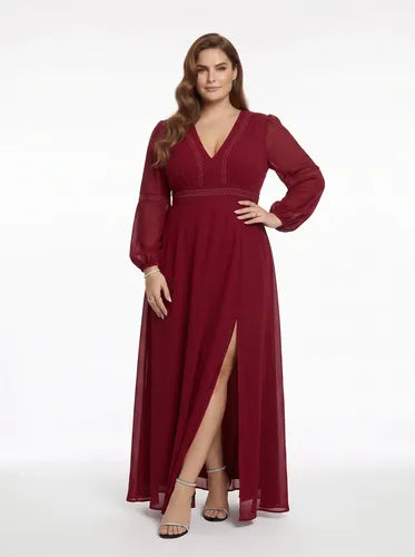 Vestido largo de fiesta bordó manga larga talla grande