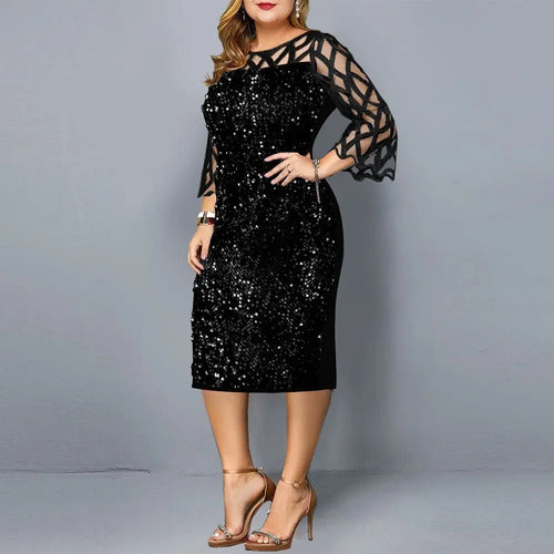 Vestido Fiesta Lentejuela Talla Grande Azul Negro Vg 78