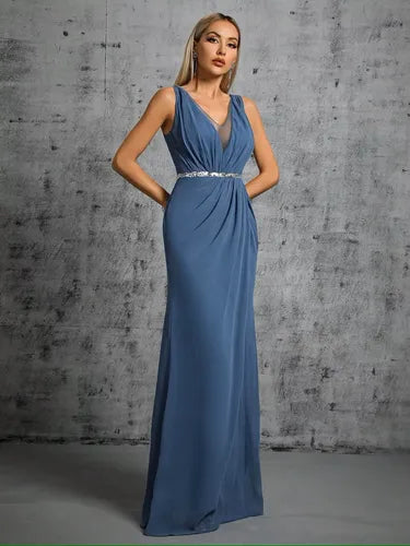 Vestido Largo Mujer Fiesta Escote V Abertura Alta Ep 237 Azul L