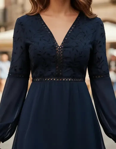 Vestido Gasa Corto Escote V Acampanado Manga Larga Va 480