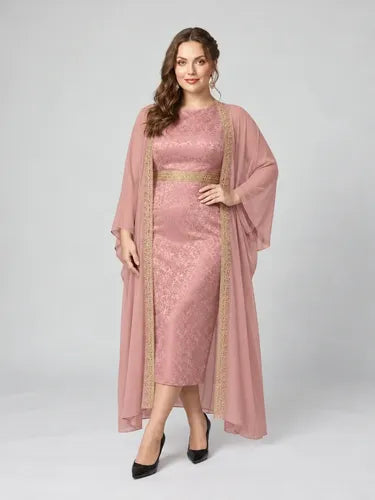 Vestido largo jacquard rosa con capa de gasa