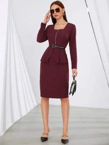 Vestido Peplum Delgado Cuello Cuadrado Sin Cinturón Va 507 Bordó Xl