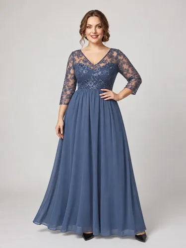 Vestido largo azul con mangas tres cuartos