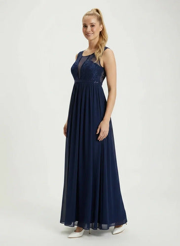 Vestido largo azul gasa con transparencia