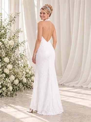 Vestido de novia princesa en encaje escote halter