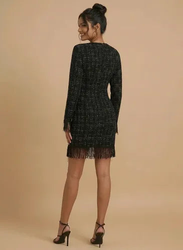 Vestido corto beige y negro tweed con fleco manga larga