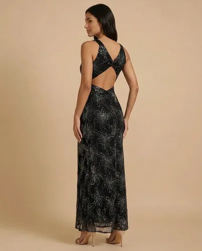 Vestido largo negro lentejuelas cuello halter de gala
