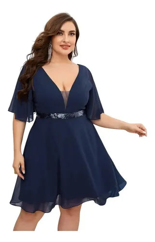 Vestido Fiesta Gasa Lentejuela Talla Grande Escote Vg 93