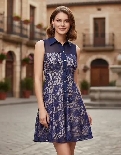Vestido Encaje Forrado Ep 45c Azul Acero 6