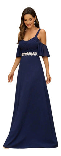 Vestido Fiesta Largo Gasa Matrimonio Bordado Mangas Ep 436