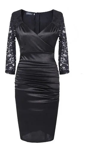 Vestido Negro Manga 3/4 Fiesta Va 221