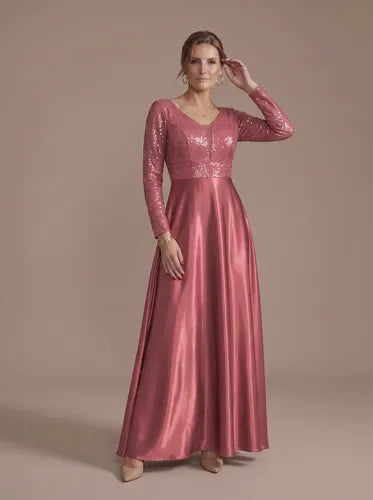 Vestido largo rosa lentejuelas manga larga